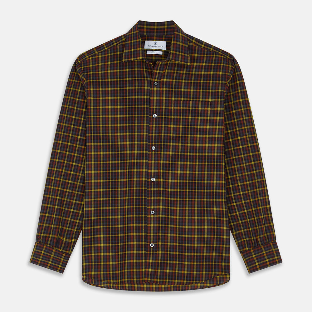 The Turnbull & Asser Blue, Yellow and Red Multi Check Wool Weekend Fit Finch Shirt is a men's long-sleeve button-up with a pointed collar and chest pocket, displayed on a plain white background.