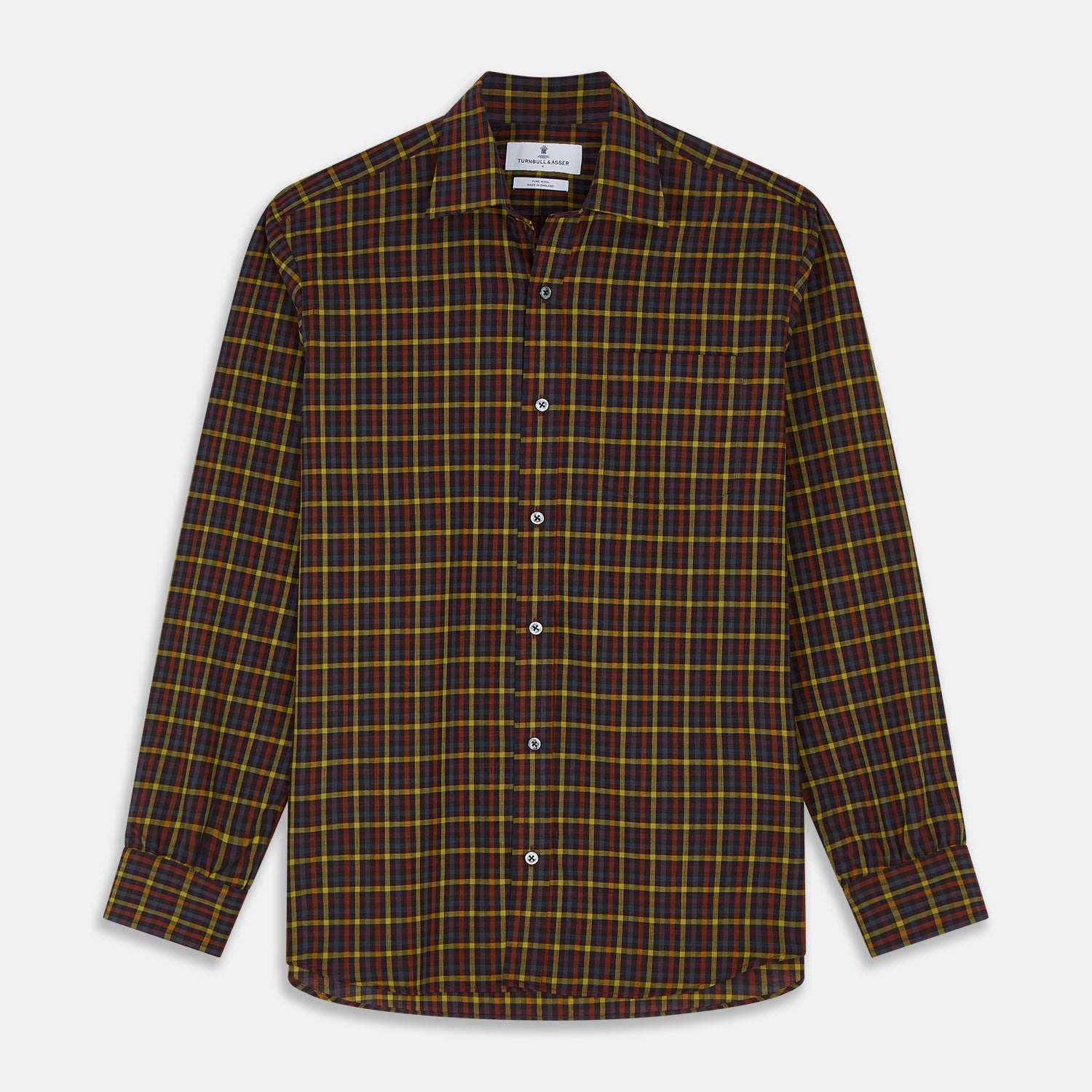 View 1 of product The Turnbull & Asser Blue, Yellow and Red Multi Check Wool Weekend Fit Finch Shirt is a men's long-sleeve button-up with a pointed collar and chest pocket, displayed on a plain white background.