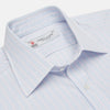 View 3 of product A Turnbull & Asser Blue and Pink Grouped Stripe Shirt with T&A collar and double cuffs is laid flat on a white background.