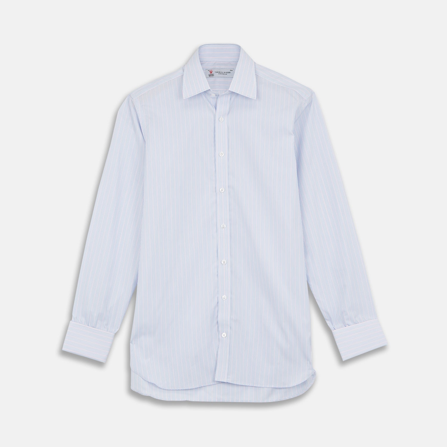 View 1 of product A Turnbull & Asser Blue and Pink Grouped Stripe Shirt with T&A collar and double cuffs is laid flat on a white background.