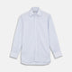 A Turnbull & Asser Blue and Pink Grouped Stripe Shirt with T&A collar and double cuffs is laid flat on a white background.
