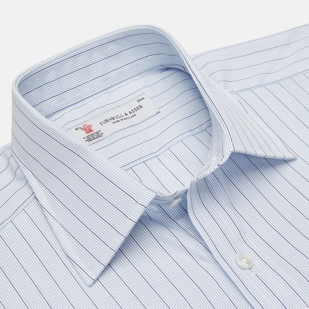 The Turnbull & Asser Blue Grouped Stripe Shirt features a T&A collar, double cuffs, and is displayed on a white background.