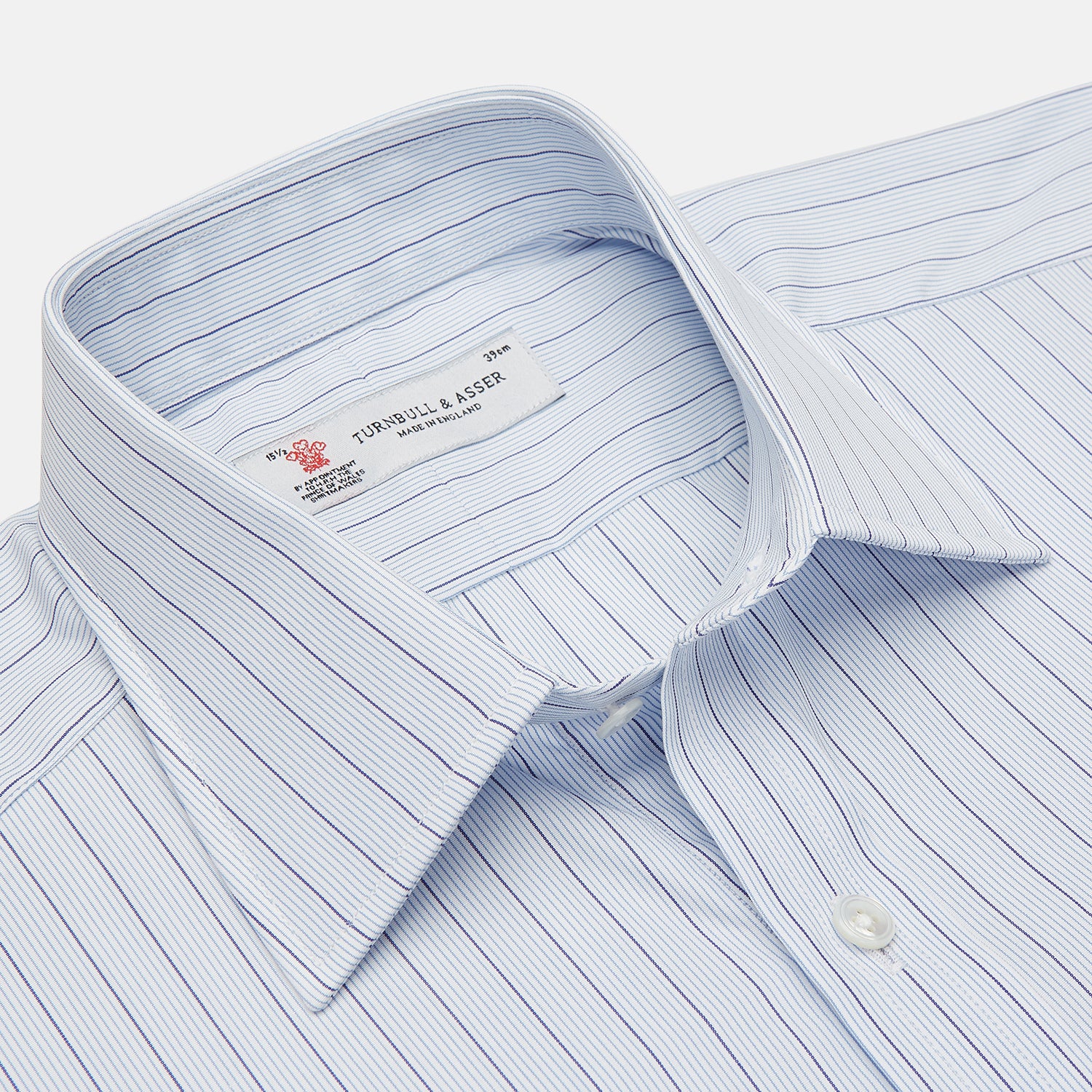 View 3 of product The Turnbull & Asser Blue Grouped Stripe Shirt features a T&A collar, double cuffs, and is displayed on a white background.