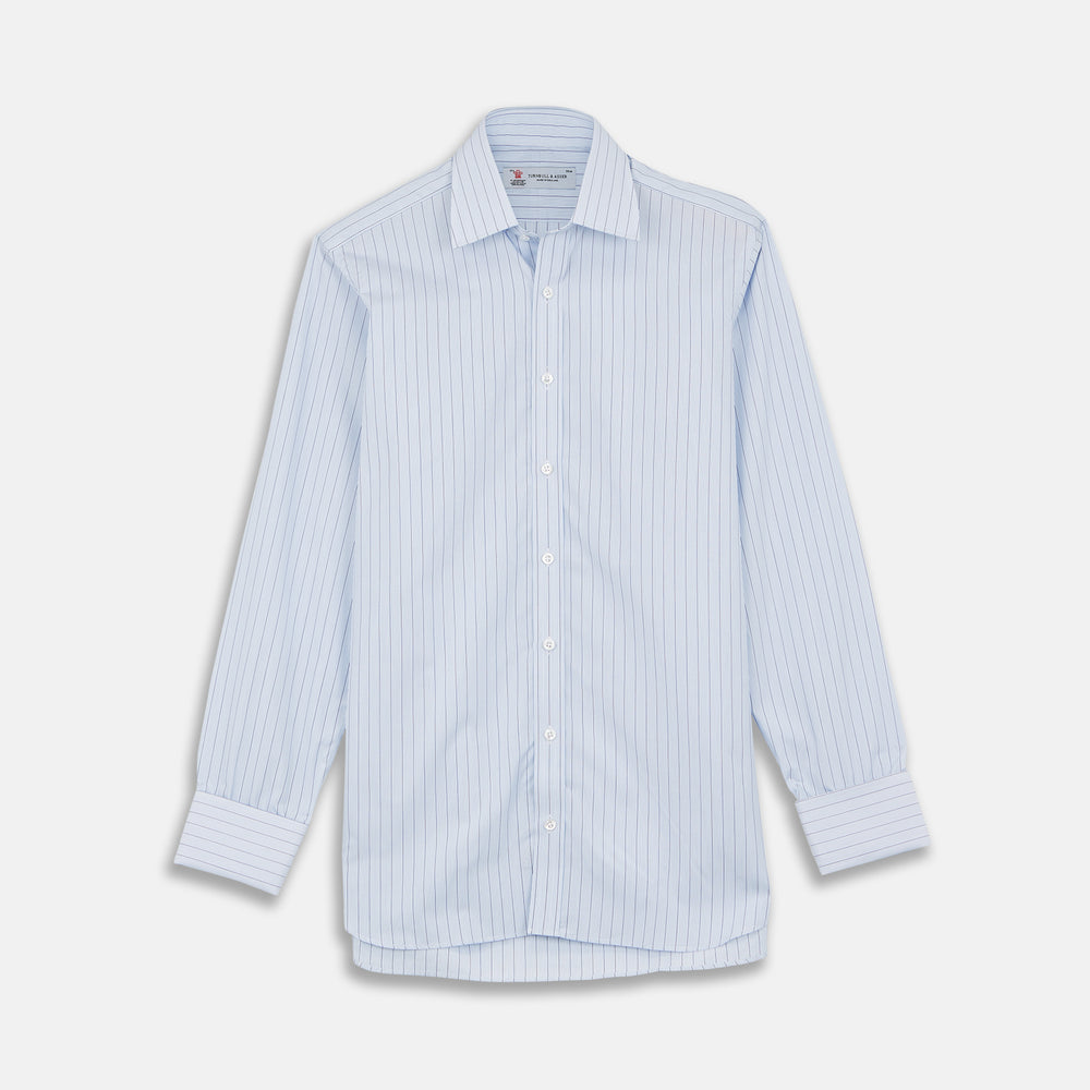 The Turnbull & Asser Blue Grouped Stripe Shirt features a T&A collar, double cuffs, and is displayed on a white background.