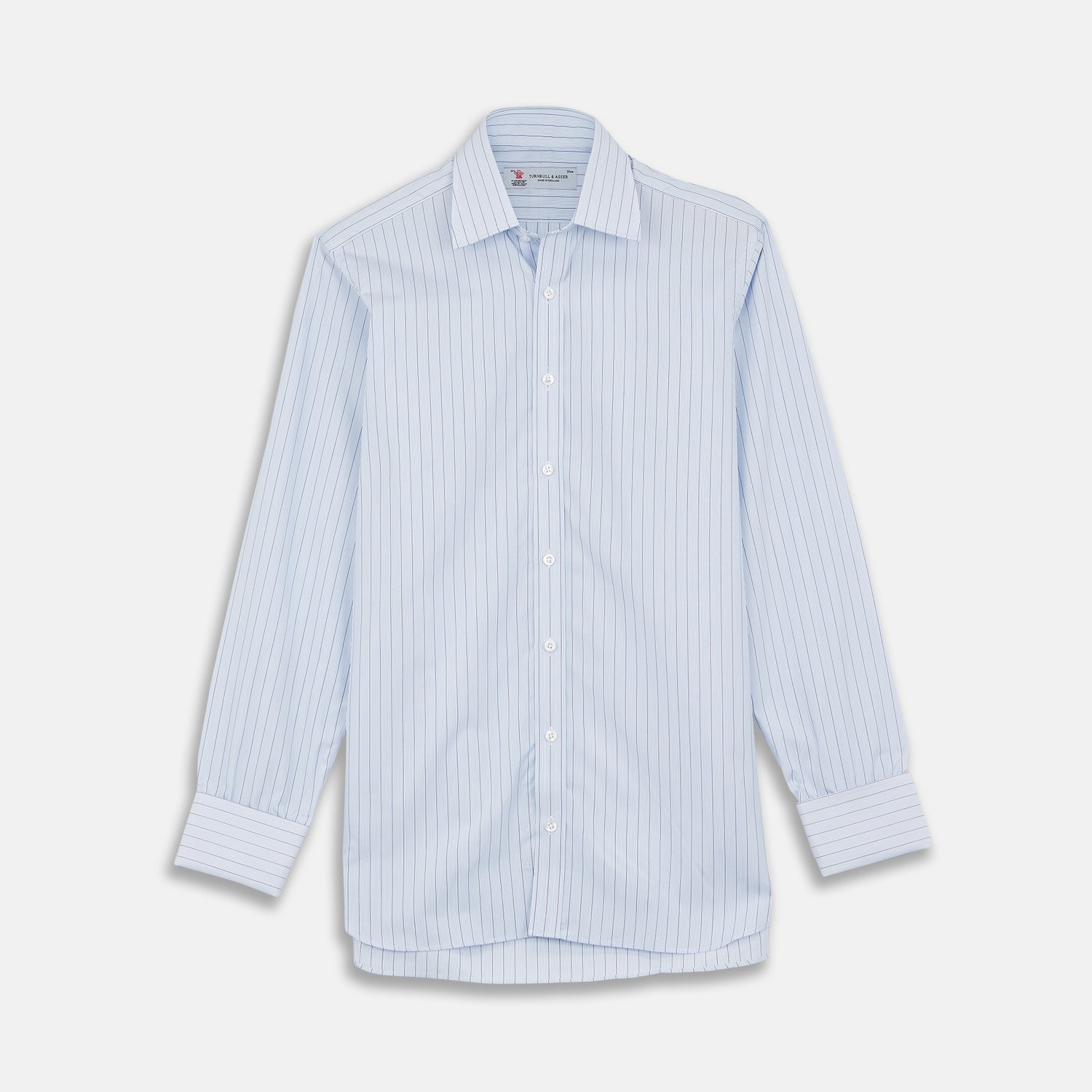 View 1 of product The Turnbull & Asser Blue Grouped Stripe Shirt features a T&A collar, double cuffs, and is displayed on a white background.