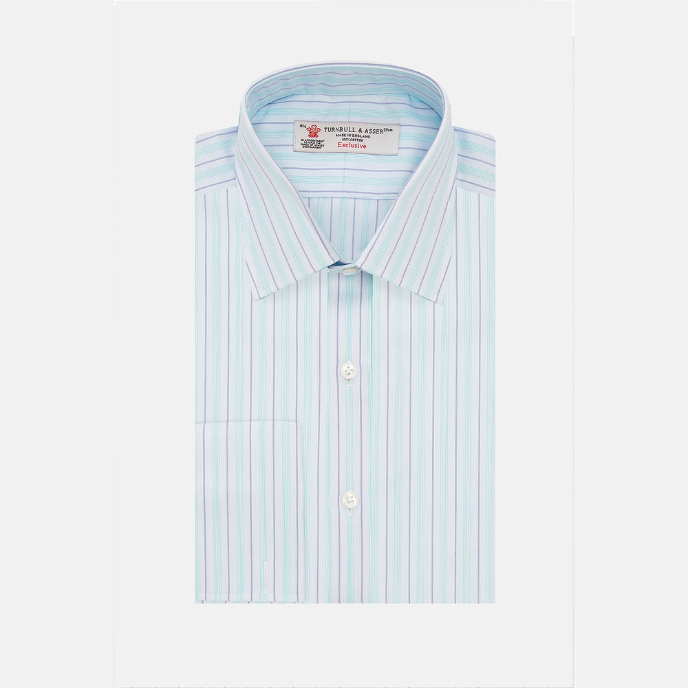 The Turnbull & Asser Green & Light Blue Stripe Poplin Cotton Shirt features a regular fit, T&A collar, and 2-button cuff. Its crisp vertical stripes in green and light blue stand out against a plain white background.