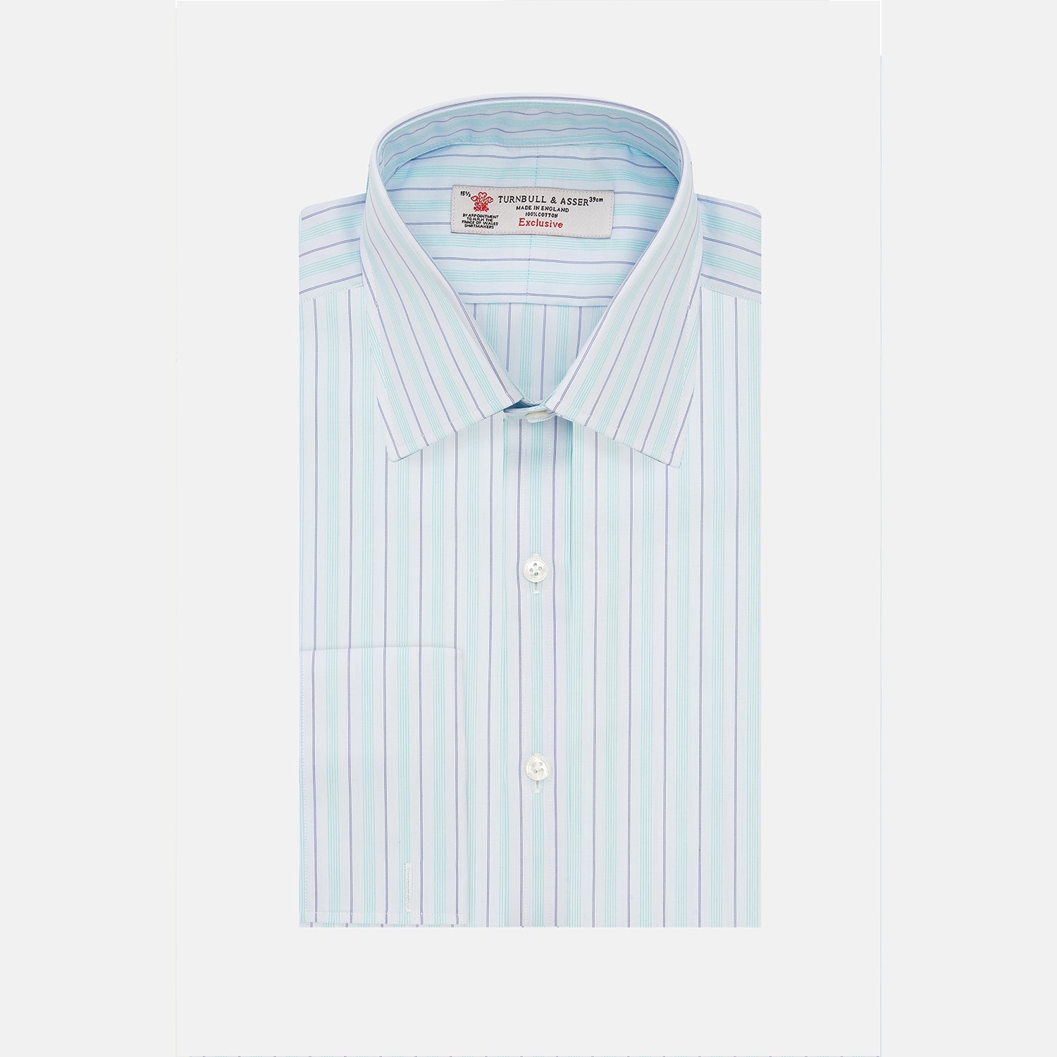 View 1 of product The Turnbull & Asser Green & Light Blue Stripe Poplin Cotton Shirt features a regular fit, T&A collar, and 2-button cuff. Its crisp vertical stripes in green and light blue stand out against a plain white background.
