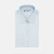 The Turnbull & Asser Green & Light Blue Stripe Poplin Cotton Shirt features a regular fit, T&A collar, and 2-button cuff. Its crisp vertical stripes in green and light blue stand out against a plain white background.