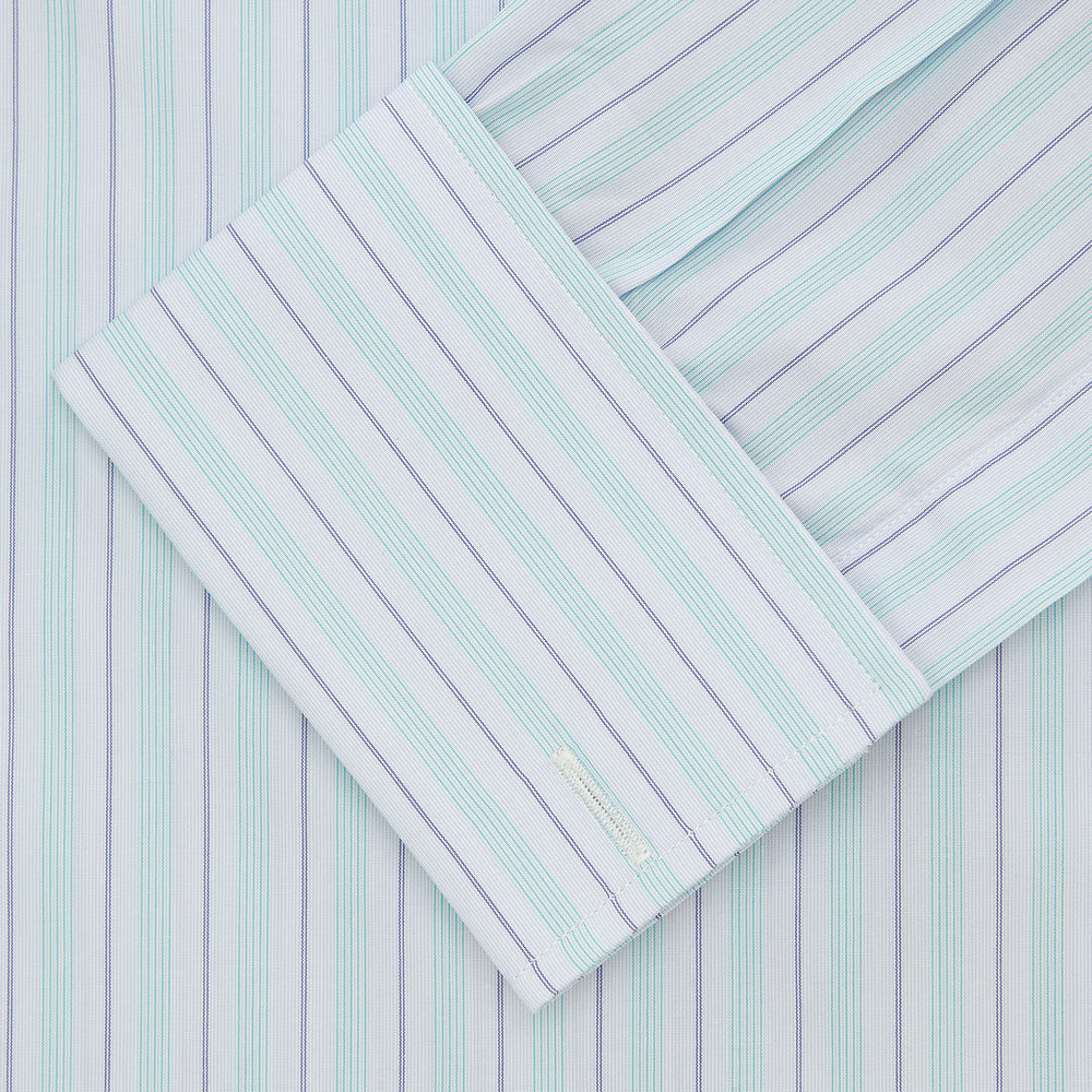 The Turnbull & Asser Green & Light Blue Stripe Poplin Cotton Shirt features a regular fit, T&A collar, and 2-button cuff. Its crisp vertical stripes in green and light blue stand out against a plain white background.