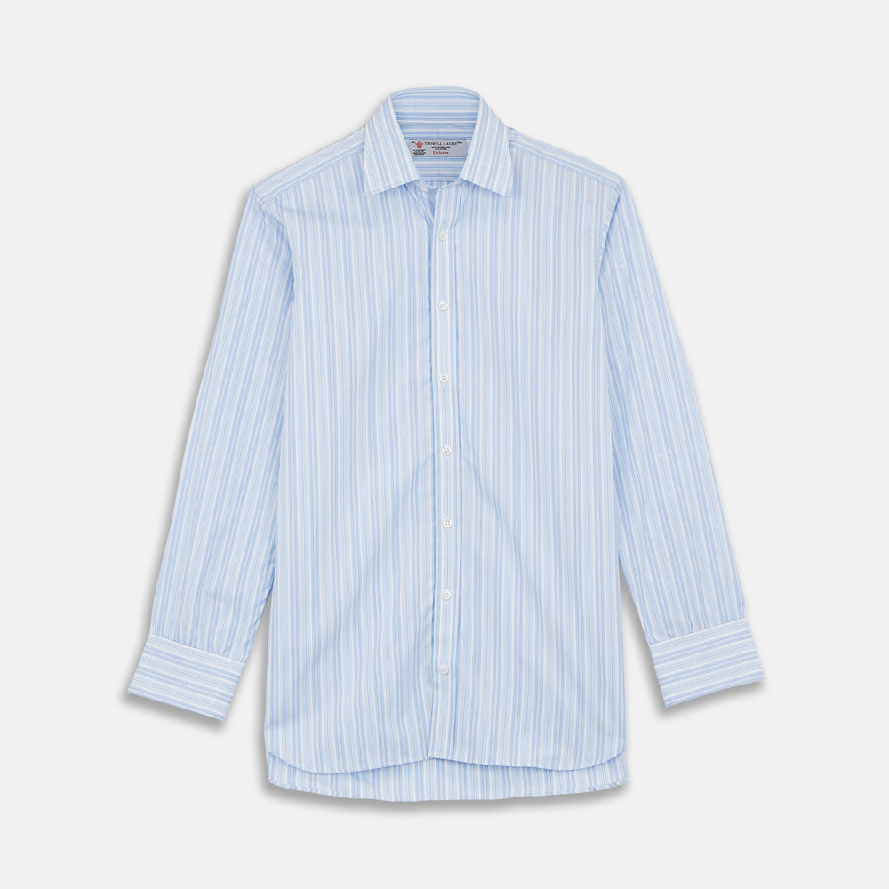 The Turnbull & Asser Blue & White Stripe Poplin Cotton Regular Fit Shirt features a T&A collar, double cuffs, and vertical stripes, showcased against a plain white background.