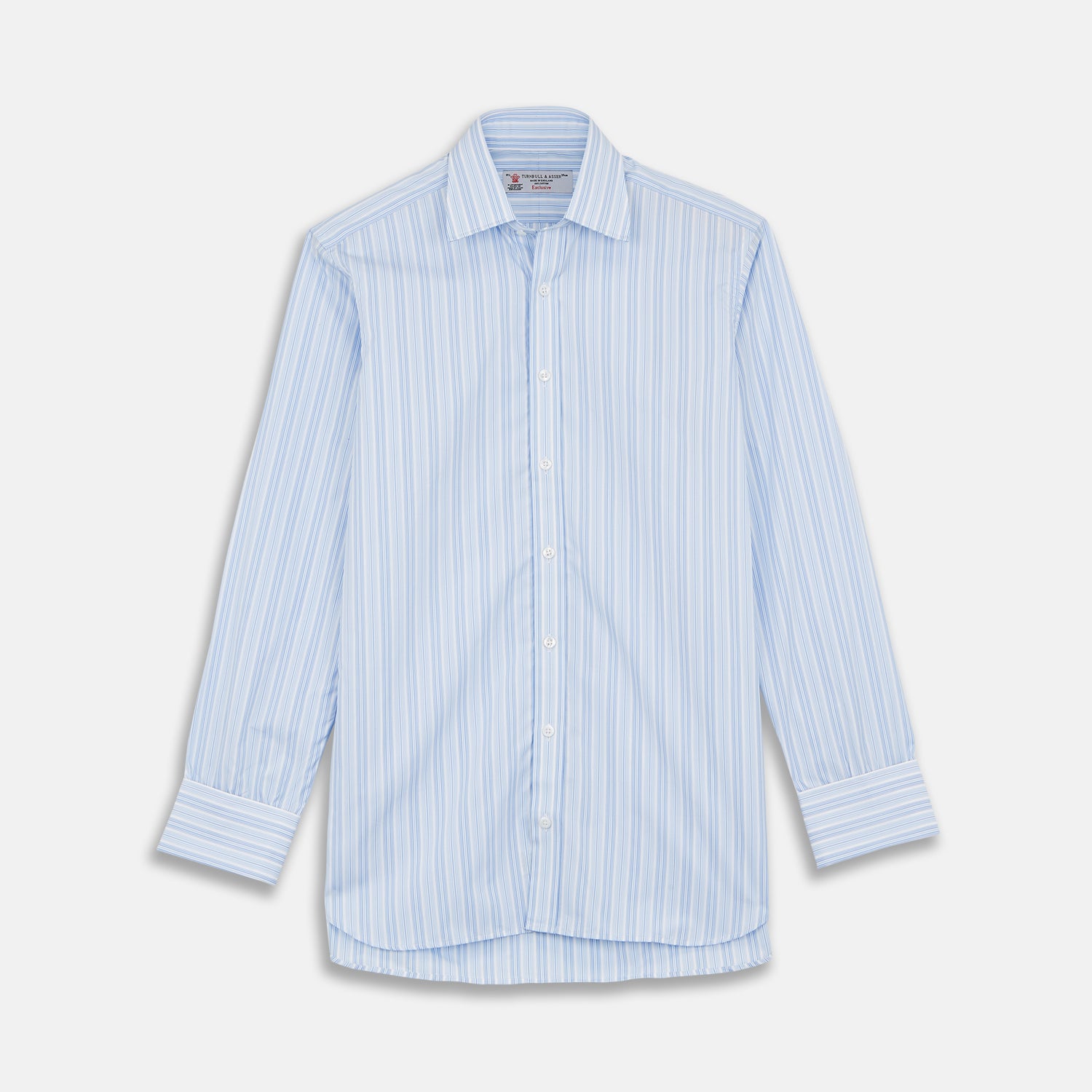 View 1 of product The Turnbull & Asser Blue & White Stripe Poplin Cotton Regular Fit Shirt features a T&A collar, double cuffs, and vertical stripes, showcased against a plain white background.