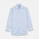 The Turnbull & Asser Blue & White Stripe Poplin Cotton Regular Fit Shirt features a T&A collar, double cuffs, and vertical stripes, showcased against a plain white background.