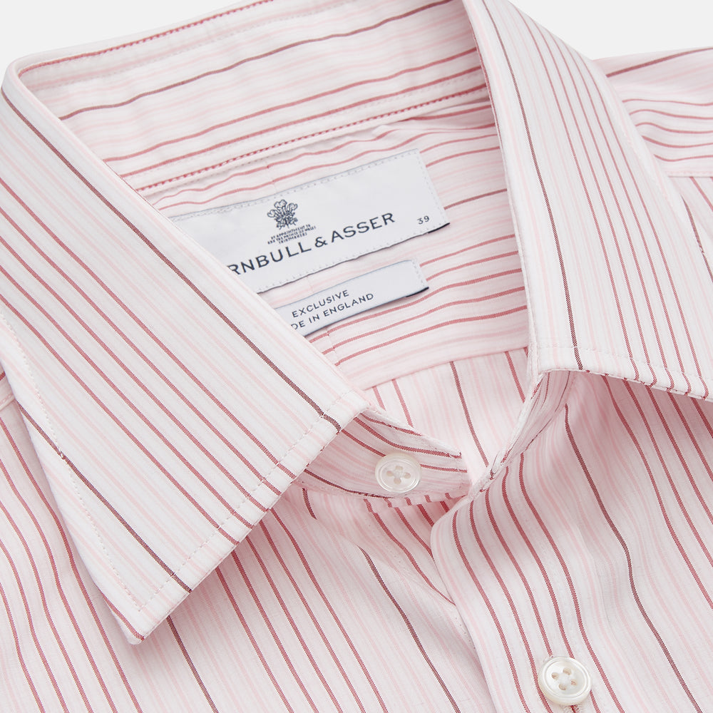 Turnbull & Asser Pink and White Stripe Twill Cotton Regular Fit Shirt with T&A collar and double cuffs, neatly displayed on a plain white background.