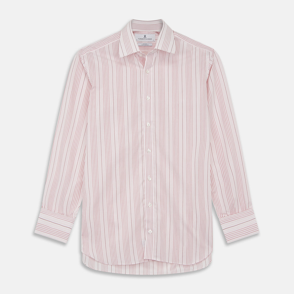 Turnbull & Asser Pink and White Stripe Twill Cotton Regular Fit Shirt with T&A collar and double cuffs, neatly displayed on a plain white background.