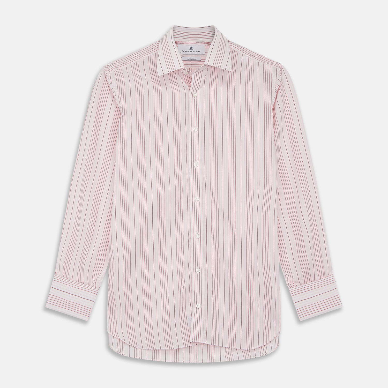 View 1 of product Turnbull & Asser Pink and White Stripe Twill Cotton Regular Fit Shirt with T&A collar and double cuffs, neatly displayed on a plain white background.
