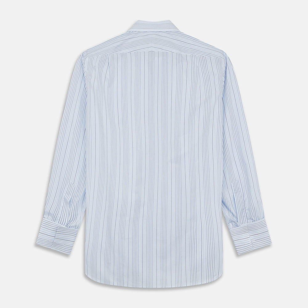Turnbull & Asser’s Blue and White Stripe Twill Cotton Regular Fit Shirt features a T&A collar, double cuffs, and classic stripes, shown laid flat on a white background.