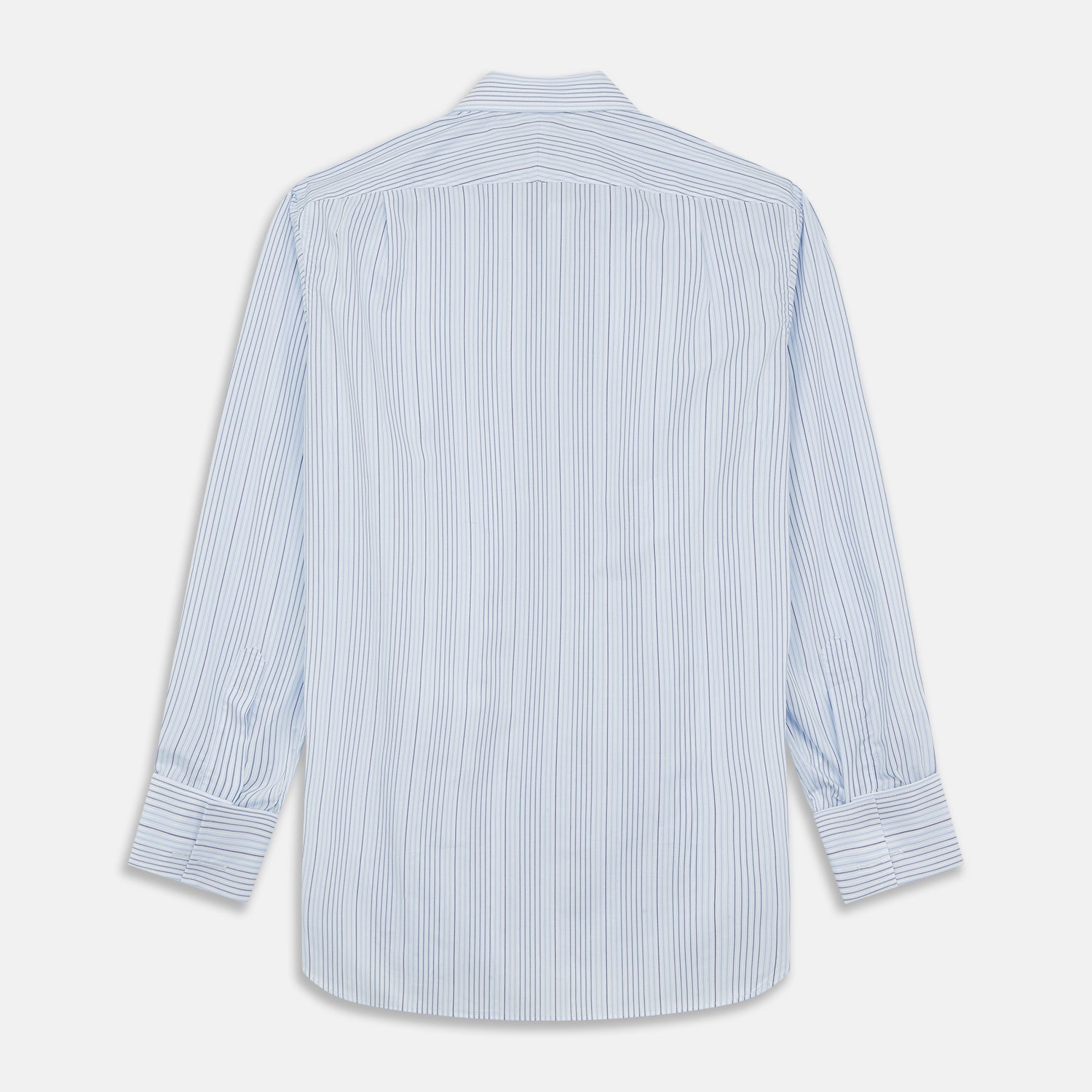 View 4 of product Turnbull & Asser’s Blue and White Stripe Twill Cotton Regular Fit Shirt features a T&A collar, double cuffs, and classic stripes, shown laid flat on a white background.