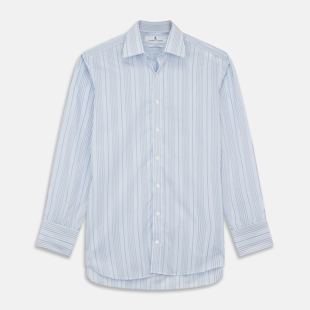 Turnbull & Asser’s Blue and White Stripe Twill Cotton Regular Fit Shirt features a T&A collar, double cuffs, and classic stripes, shown laid flat on a white background.