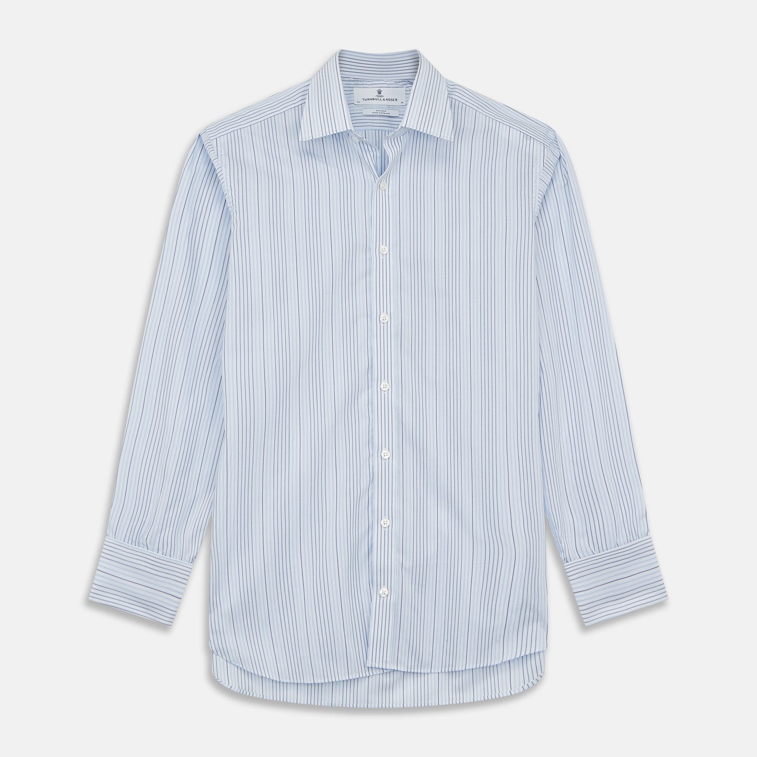 View 1 of product Turnbull & Asser’s Blue and White Stripe Twill Cotton Regular Fit Shirt features a T&A collar, double cuffs, and classic stripes, shown laid flat on a white background.
