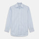 Turnbull & Asser’s Blue and White Stripe Twill Cotton Regular Fit Shirt features a T&A collar, double cuffs, and classic stripes, shown laid flat on a white background.