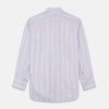 View 4 of product The Turnbull & Asser Purple and White Stripe Twill Cotton Regular Fit Shirt features a T&A collar, double cuffs, and thin vertical stripes, displayed against a white background.