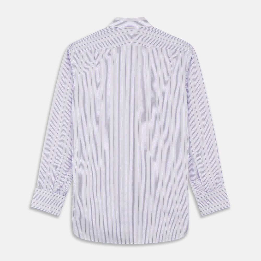 The Turnbull & Asser Purple and White Stripe Twill Cotton Regular Fit Shirt features a T&A collar, double cuffs, and thin vertical stripes, displayed against a white background.