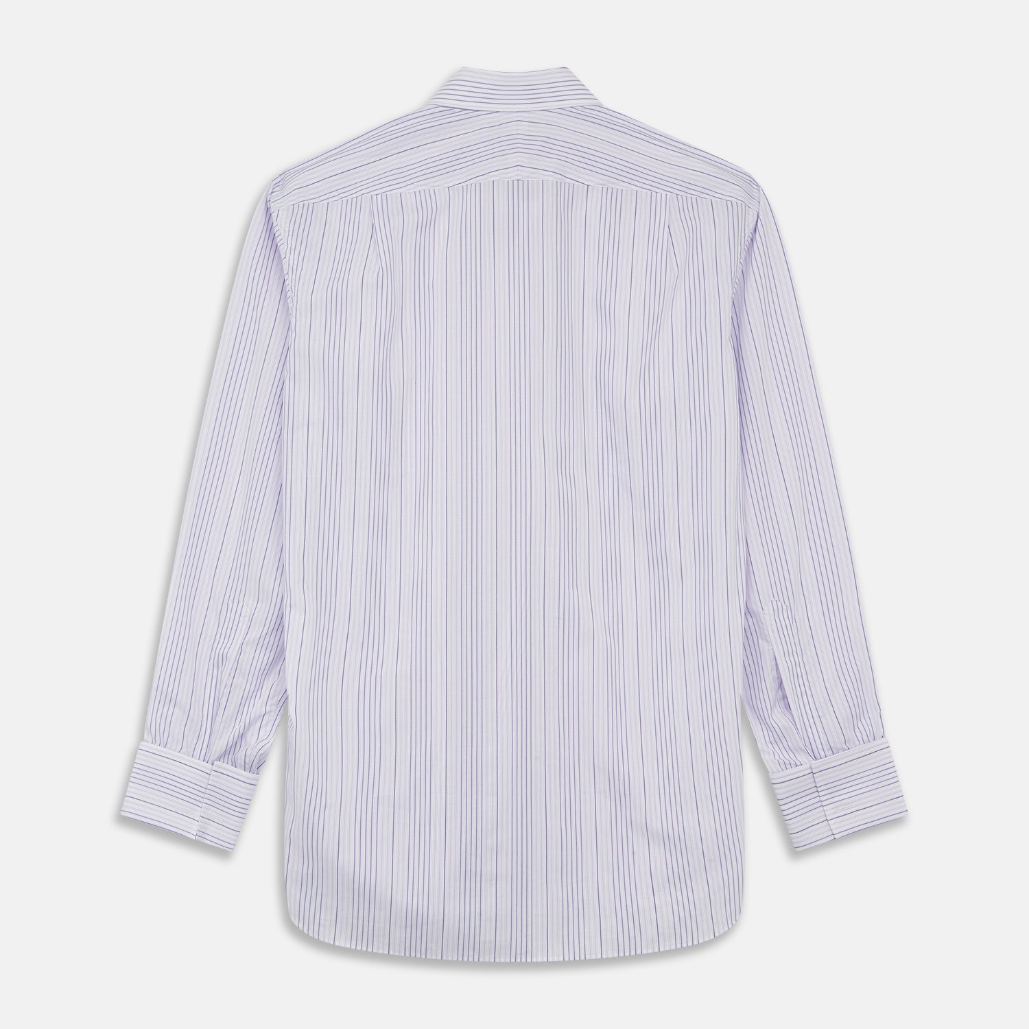View 4 of product The Turnbull & Asser Purple and White Stripe Twill Cotton Regular Fit Shirt features a T&A collar, double cuffs, and thin vertical stripes, displayed against a white background.