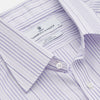 View 2 of product The Turnbull & Asser Purple and White Stripe Twill Cotton Regular Fit Shirt features a T&A collar, double cuffs, and thin vertical stripes, displayed against a white background.