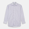 View 1 of product The Turnbull & Asser Purple and White Stripe Twill Cotton Regular Fit Shirt features a T&A collar, double cuffs, and thin vertical stripes, displayed against a white background.