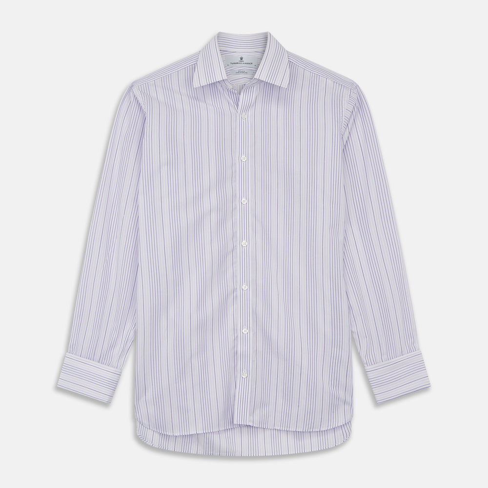 The Turnbull & Asser Purple and White Stripe Twill Cotton Regular Fit Shirt features a T&A collar, double cuffs, and thin vertical stripes, displayed against a white background.
