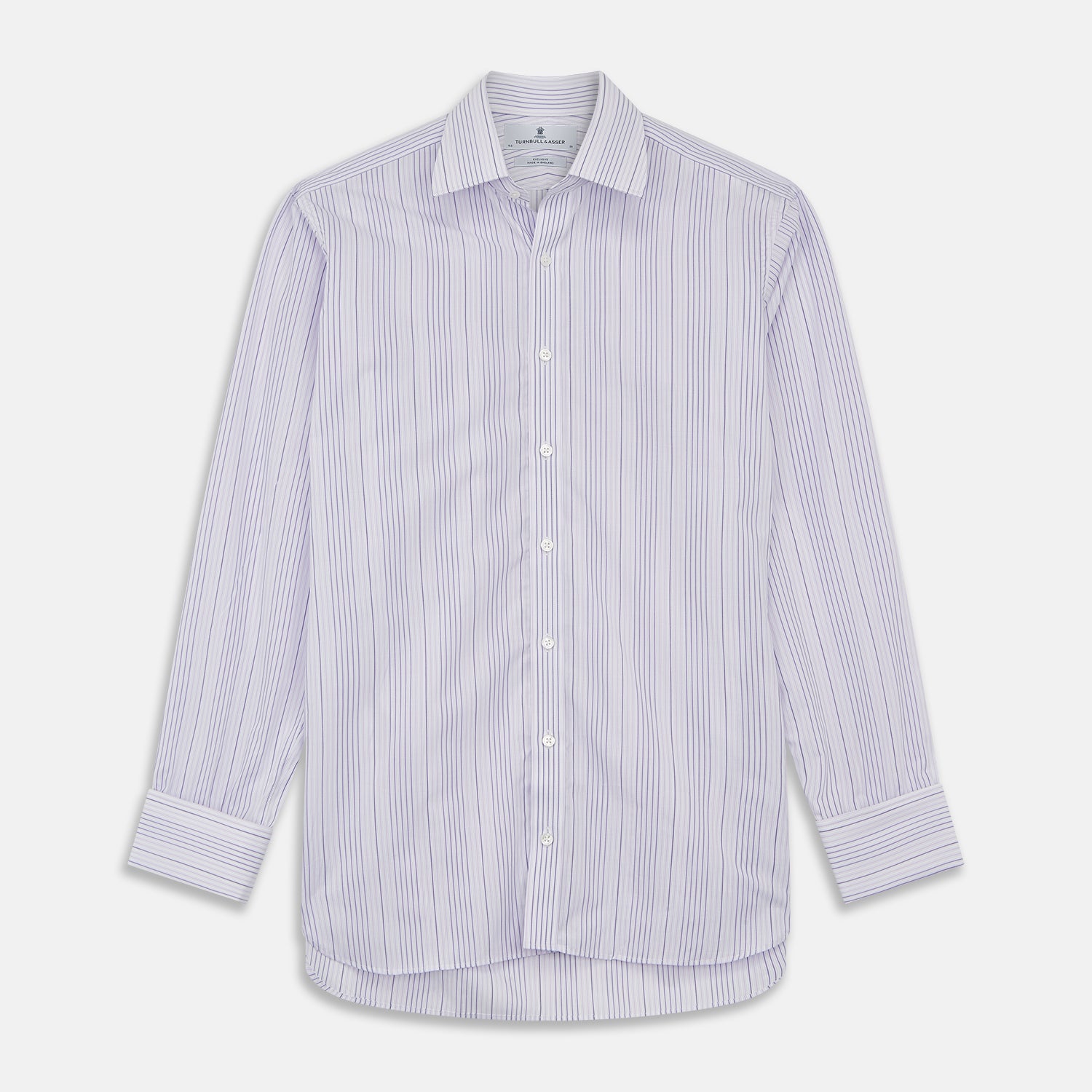 View 1 of product The Turnbull & Asser Purple and White Stripe Twill Cotton Regular Fit Shirt features a T&A collar, double cuffs, and thin vertical stripes, displayed against a white background.