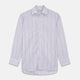 The Turnbull & Asser Purple and White Stripe Twill Cotton Regular Fit Shirt features a T&A collar, double cuffs, and thin vertical stripes, displayed against a white background.