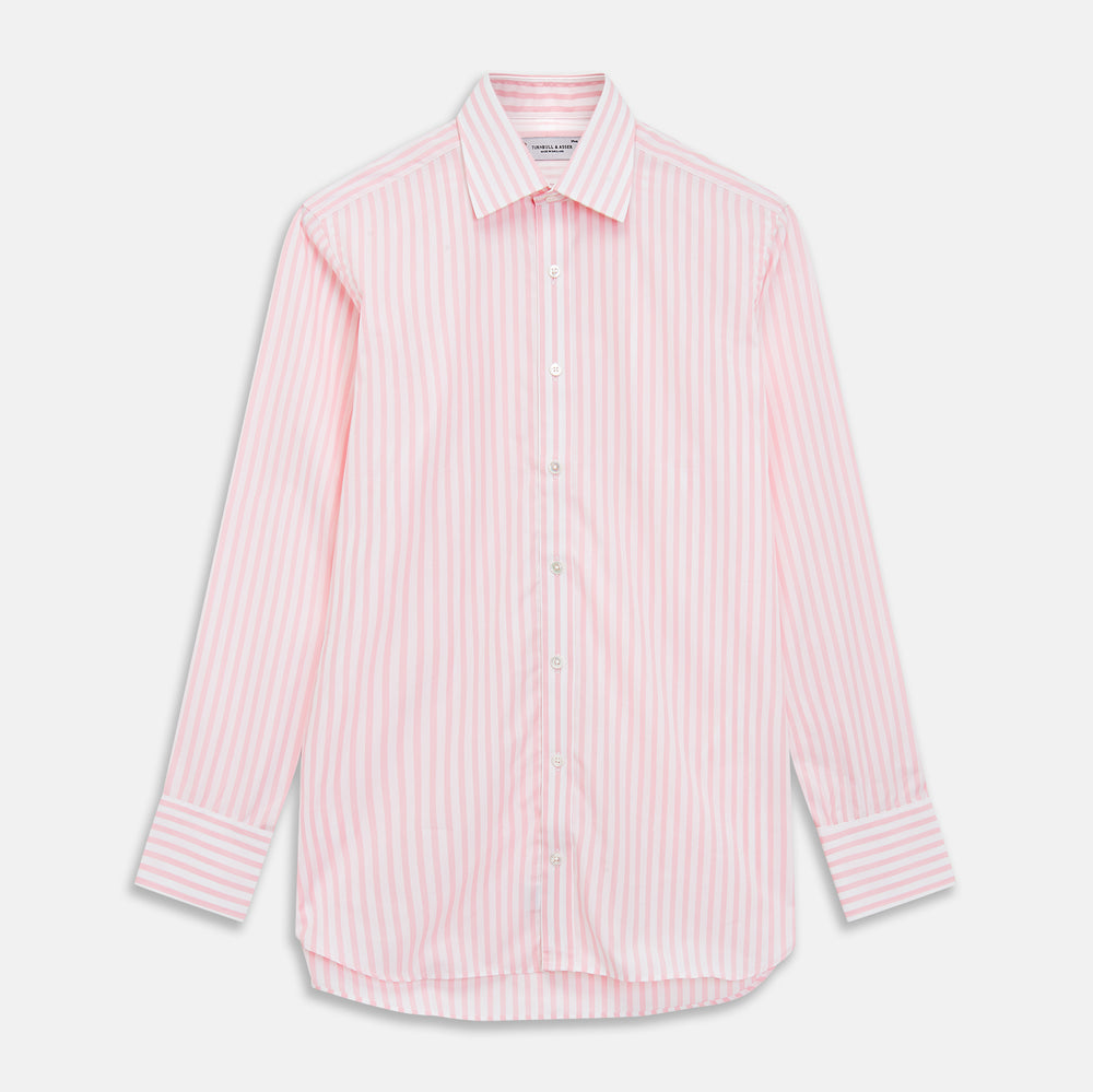 The Turnbull & Asser Pink & White Candy Stripe Poplin Regular Fit Shirt features a T&A collar, 3-button cuffs, and long sleeves, shown elegantly laid flat on a white background.