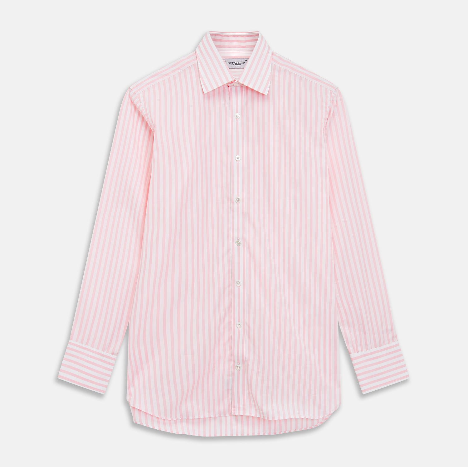 View 1 of product The Turnbull & Asser Pink & White Candy Stripe Poplin Regular Fit Shirt features a T&A collar, 3-button cuffs, and long sleeves, shown elegantly laid flat on a white background.