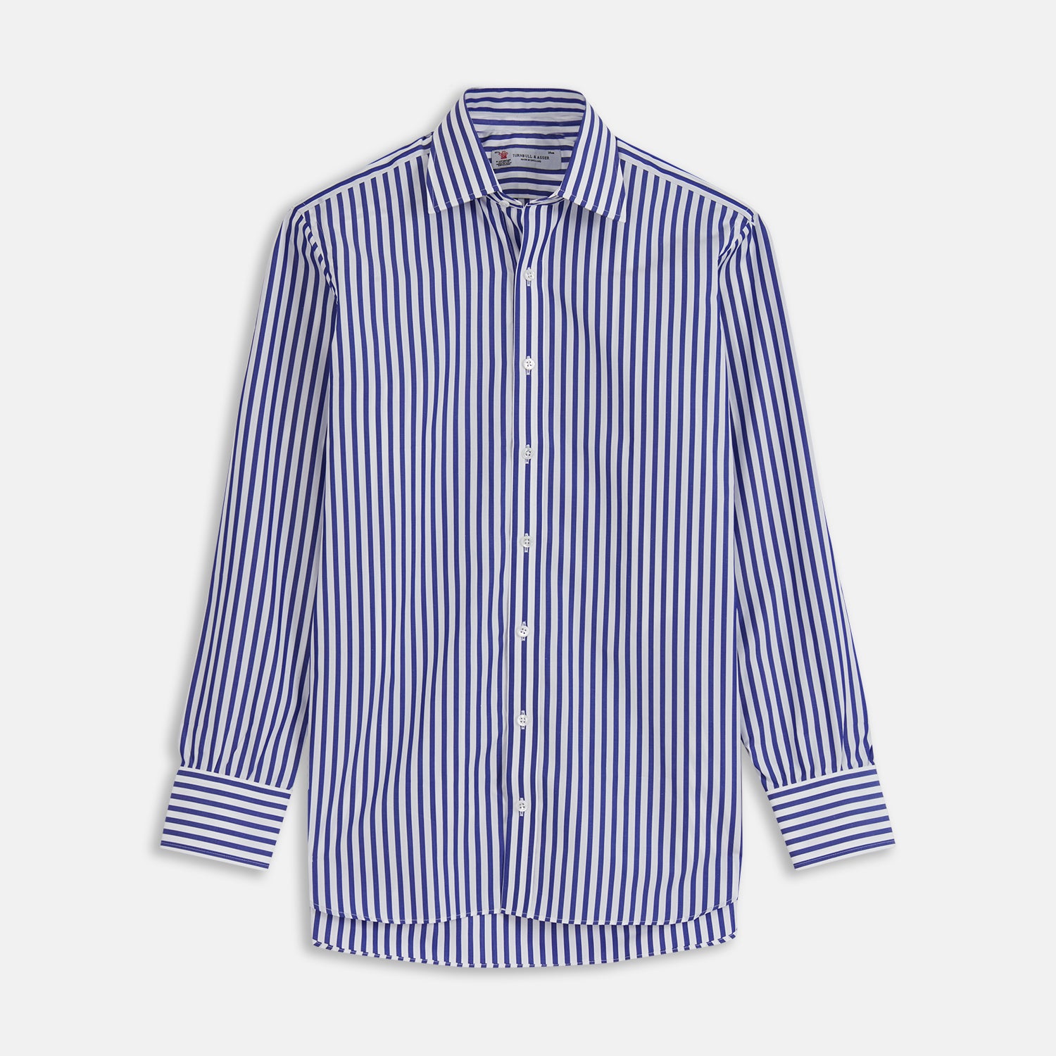 View 1 of product The Turnbull & Asser Blue and White Wide Stripe Shirt features a T&A collar and 3-button cuffs—its bold vertical stripes make it perfect for office wear, shown here on a white background.
