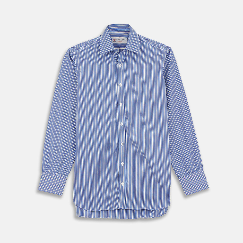 The Turnbull & Asser Navy Rich Stripe Shirt features a T&A collar, 3-button cuffs, blue with white vertical stripes, and a button-down front—shown laid flat on a white background.