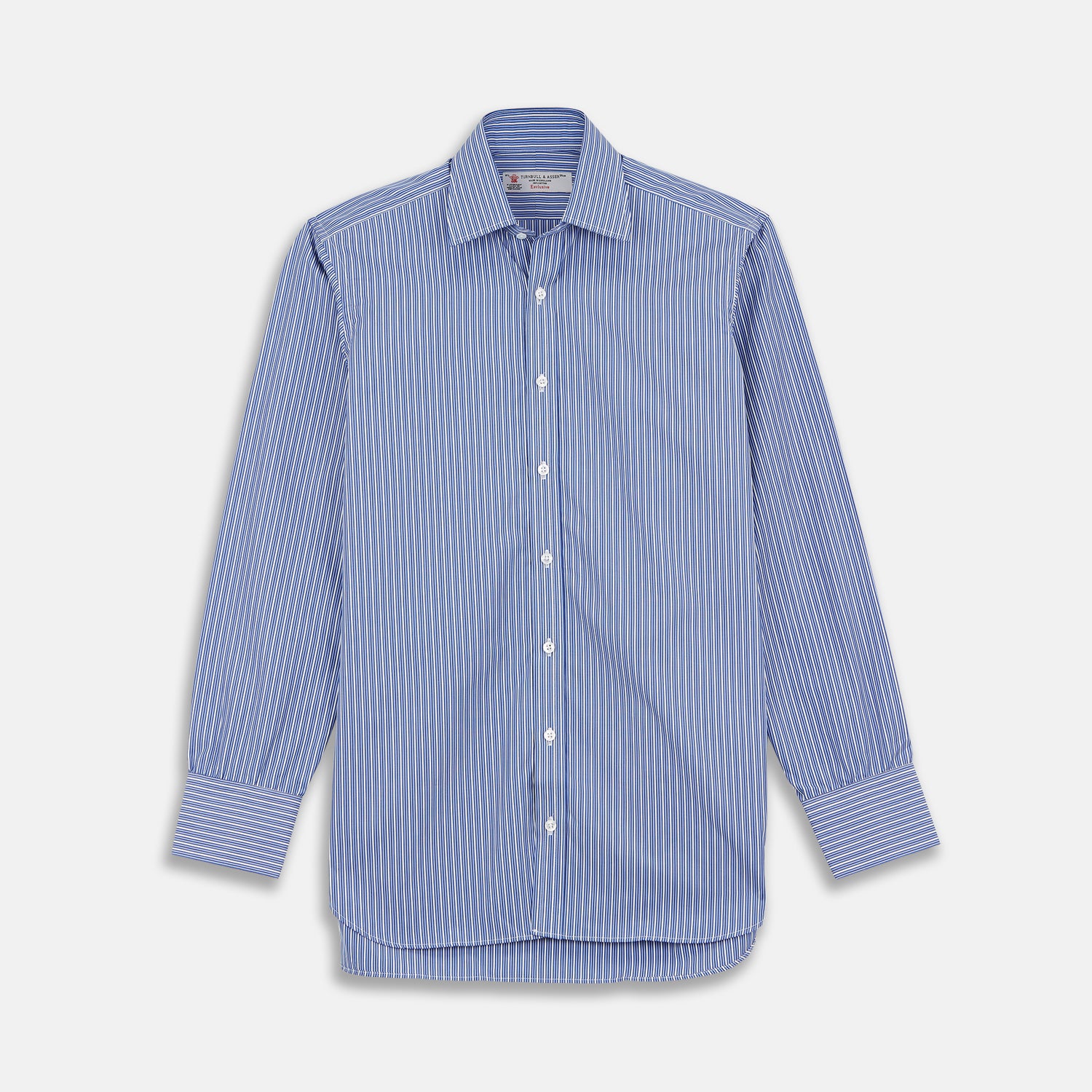 View 1 of product The Turnbull & Asser Navy Rich Stripe Shirt features a T&A collar, 3-button cuffs, blue with white vertical stripes, and a button-down front—shown laid flat on a white background.