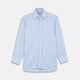 The Turnbull & Asser Light Blue Rich Stripe Shirt features a T&A collar, three-button cuffs, and fine white vertical stripes. Shown neatly laid flat on a white background.
