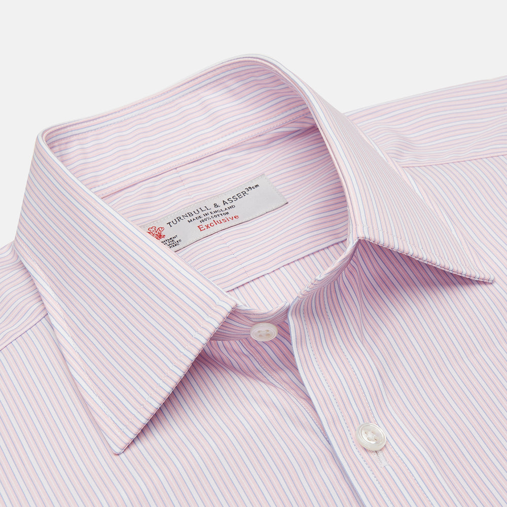 The Pink Rich Stripe Shirt by Turnbull & Asser features a T&A collar, 3-button cuffs, and soft Portland cloth with faint vertical stripes—luxuriously crafted and shown on a white background.
