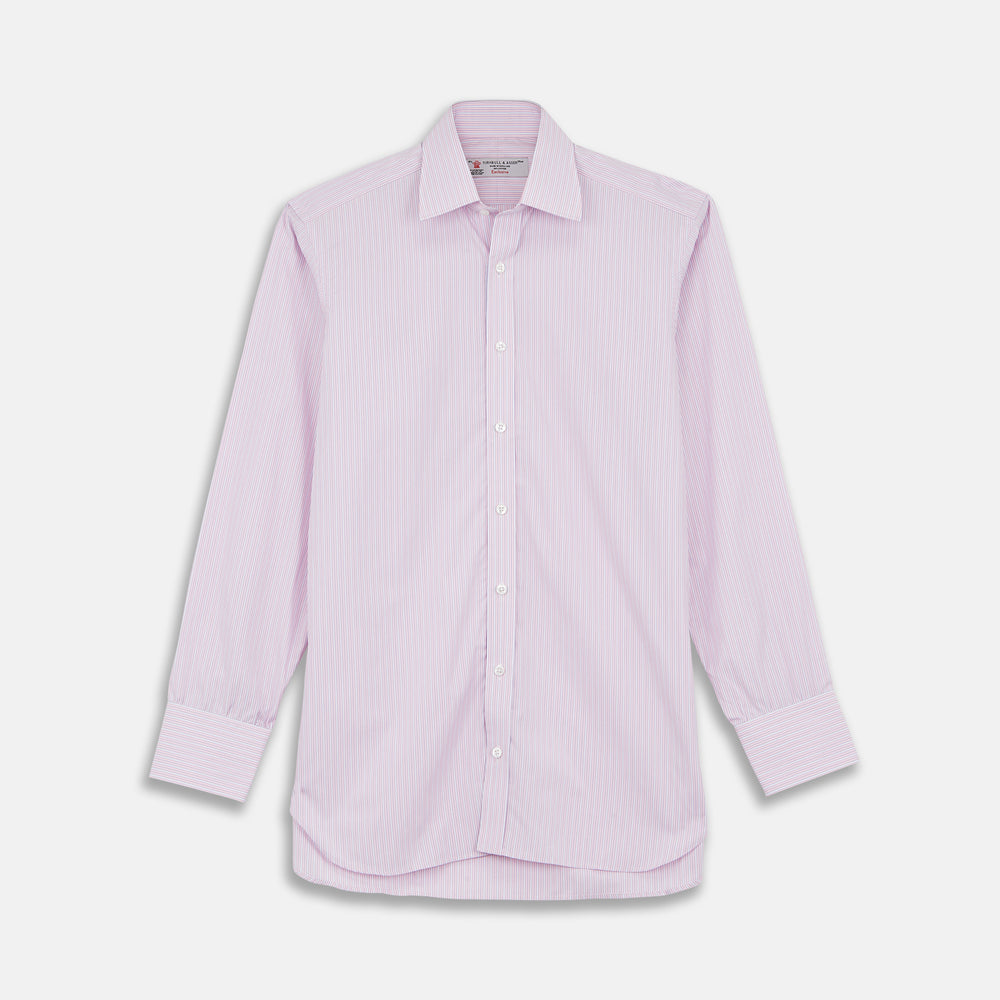 The Pink Rich Stripe Shirt by Turnbull & Asser features a T&A collar, 3-button cuffs, and soft Portland cloth with faint vertical stripes—luxuriously crafted and shown on a white background.