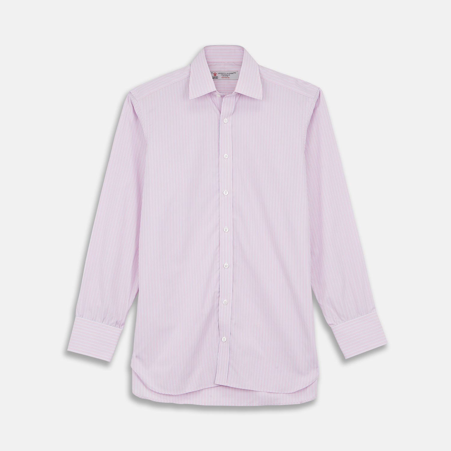 View 1 of product The Pink Rich Stripe Shirt by Turnbull & Asser features a T&A collar, 3-button cuffs, and soft Portland cloth with faint vertical stripes—luxuriously crafted and shown on a white background.