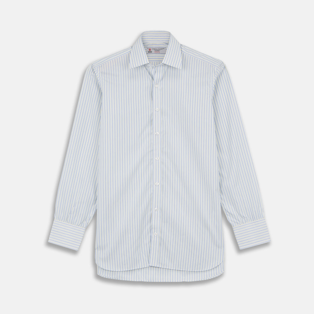 The Turnbull & Asser Yellow and Navy Small Stripe Shirt features a T&A collar, 3-button cuffs, and vertical stripes, laid flat on a white background.
