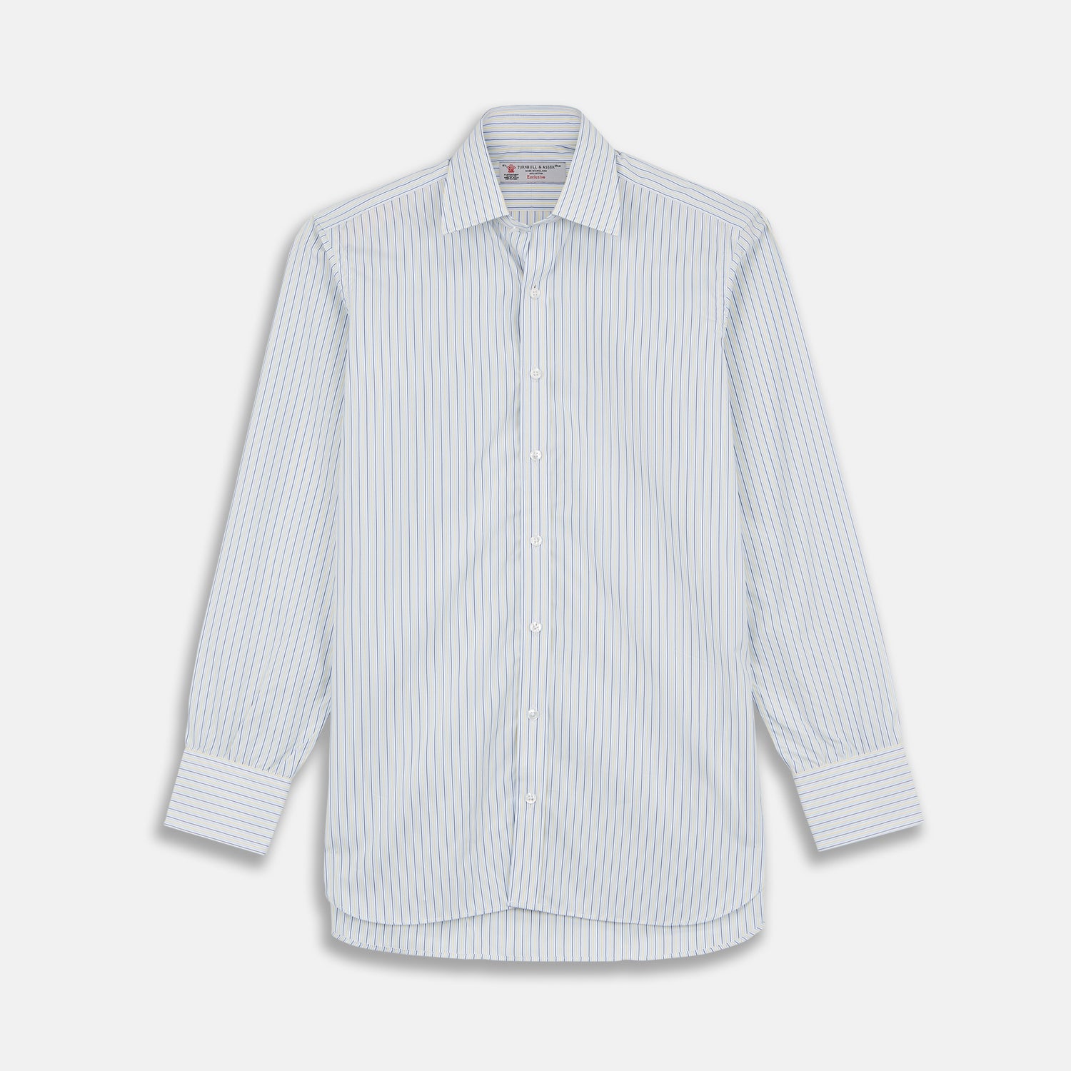 View 1 of product The Turnbull & Asser Yellow and Navy Small Stripe Shirt features a T&A collar, 3-button cuffs, and vertical stripes, laid flat on a white background.