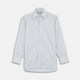 The Turnbull & Asser Yellow and Navy Small Stripe Shirt features a T&A collar, 3-button cuffs, and vertical stripes, laid flat on a white background.