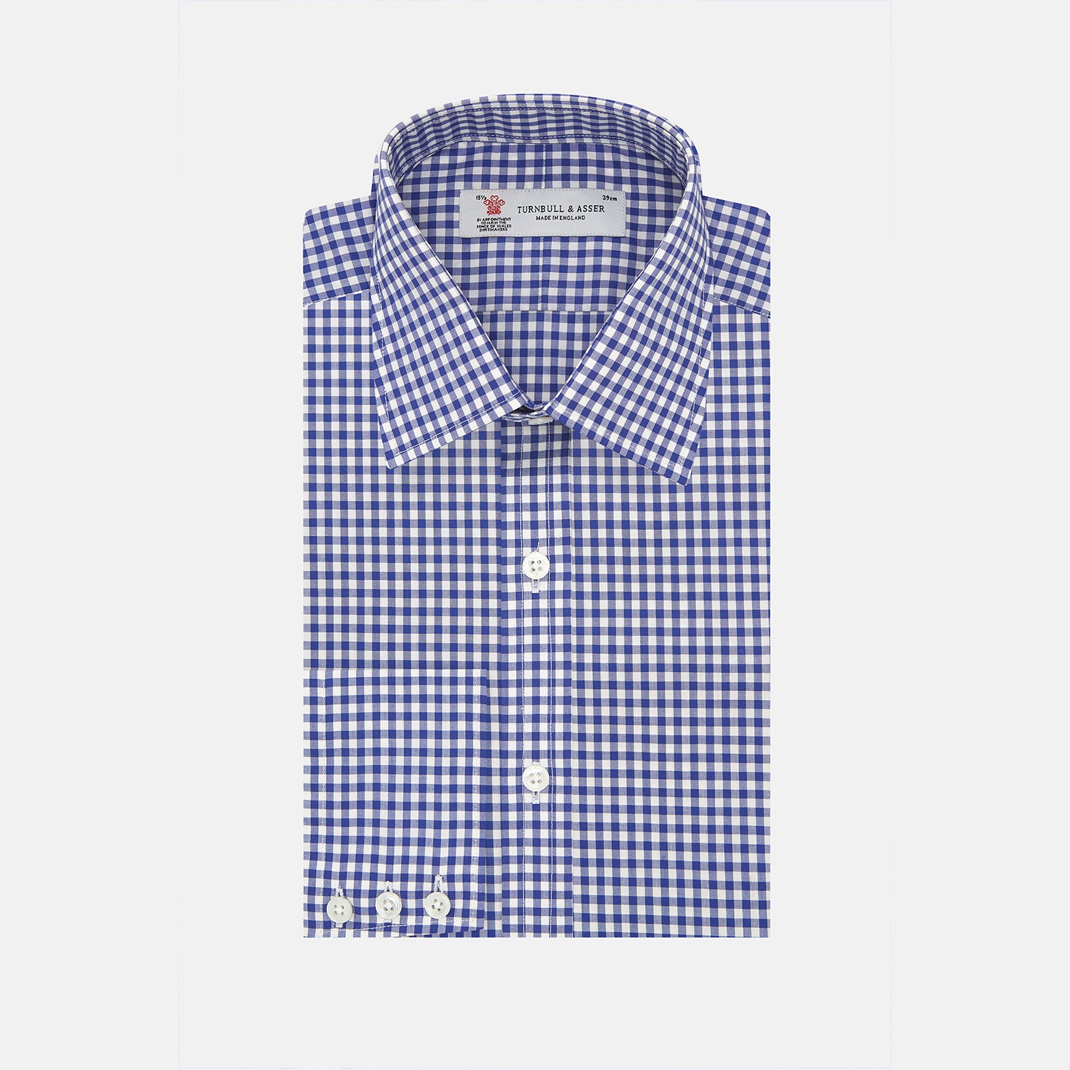 View 1 of product The Turnbull & Asser Navy & White Gingham Check Cotton Regular Fit Shirt features a T&A collar, 3-button cuffs, and is displayed neatly folded on a plain white background.