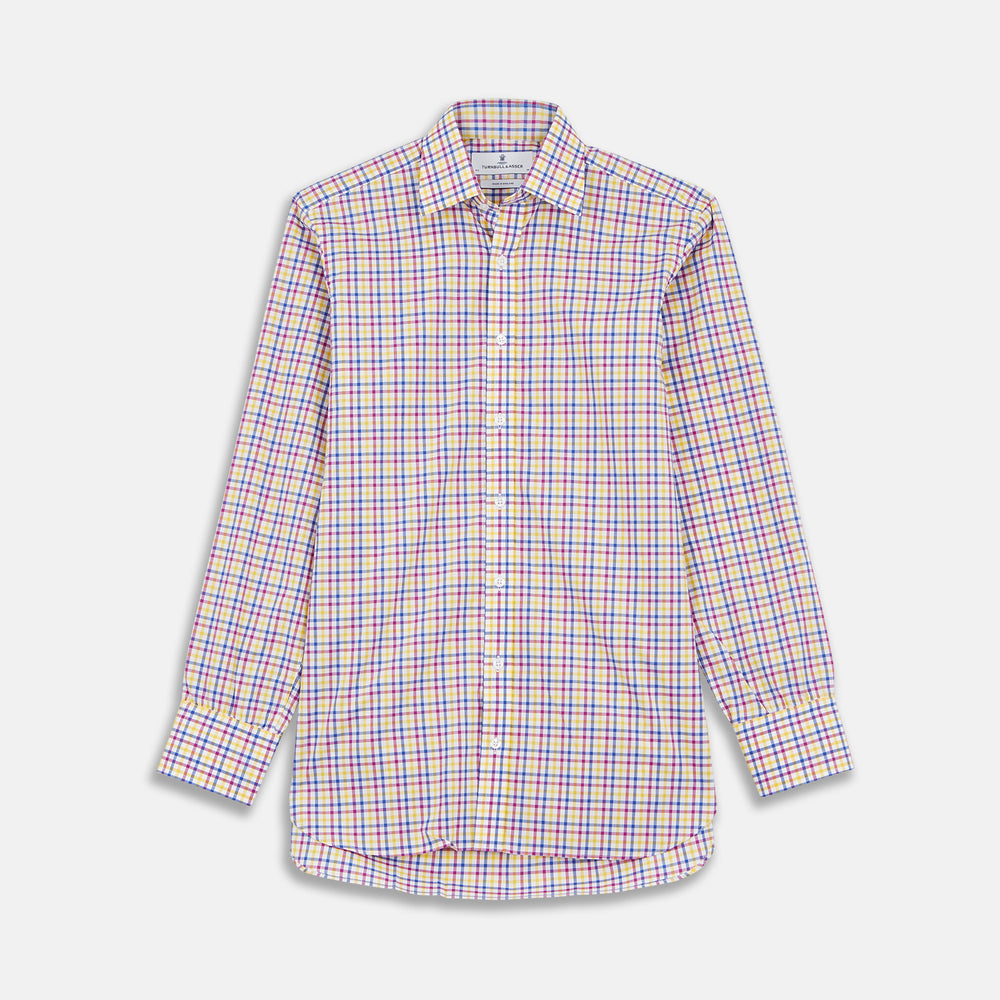 The Turnbull & Asser Blue, Yellow and Pink Check Shirt features a signature T&A collar, 3-button cuffs, and vibrant checks—an essential long-sleeve button-down for any men's wardrobe.