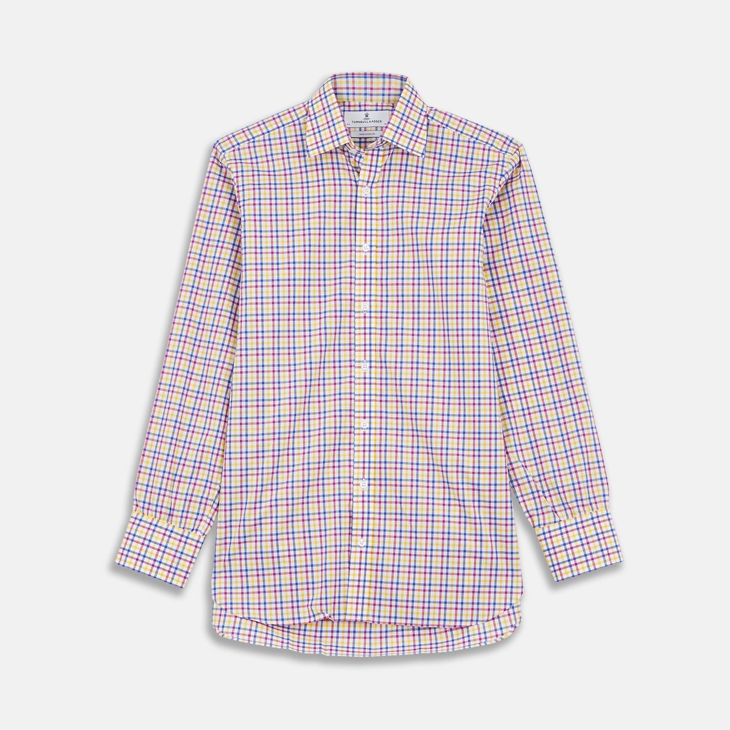 View 1 of product The Turnbull & Asser Blue, Yellow and Pink Check Shirt features a signature T&A collar, 3-button cuffs, and vibrant checks—an essential long-sleeve button-down for any men's wardrobe.