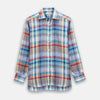View 1 of product Turnbull & Asser Blue and Teal Madras Check Regular Fit Linen Shirt, featuring a T&A collar and 3-button cuffs, displayed against a plain white background.