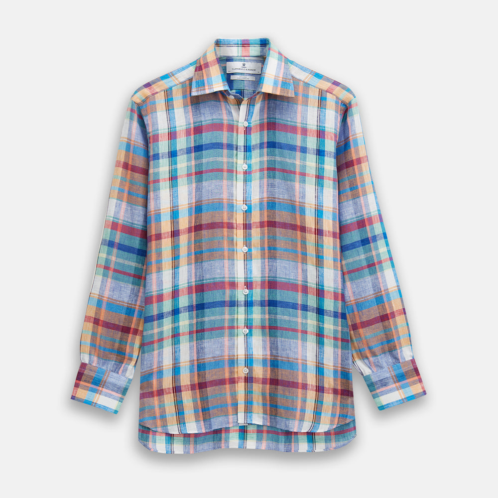 Turnbull & Asser Blue and Teal Madras Check Regular Fit Linen Shirt, featuring a T&A collar and 3-button cuffs, displayed against a plain white background.