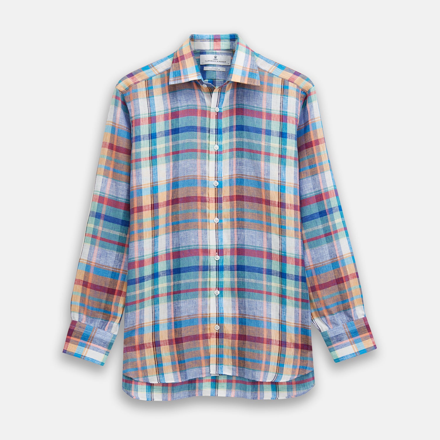 View 1 of product Turnbull & Asser Blue and Teal Madras Check Regular Fit Linen Shirt, featuring a T&A collar and 3-button cuffs, displayed against a plain white background.
